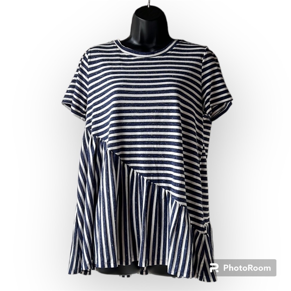 Hayden Los Angeles Navy and White Striped Ruffled Angular Peplum Oversized Small